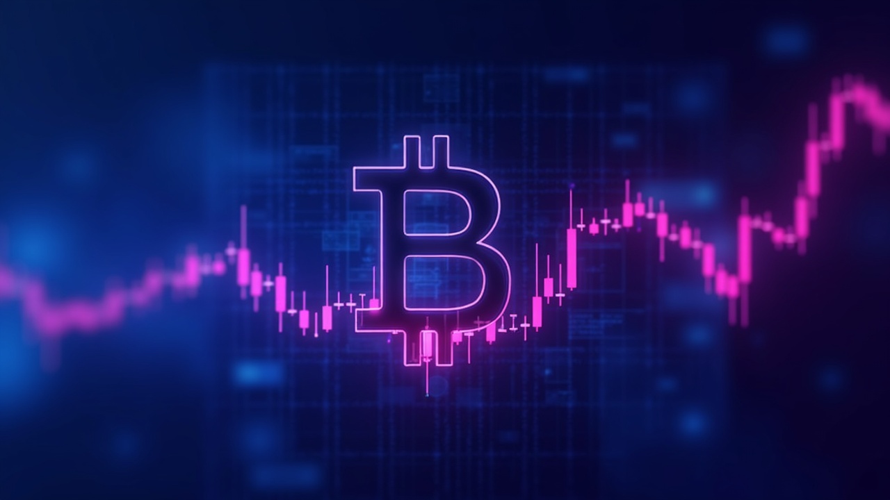 neon illustration of a levered bitcoin proxy merging with a stock chart, central ticker, blue-pink glow