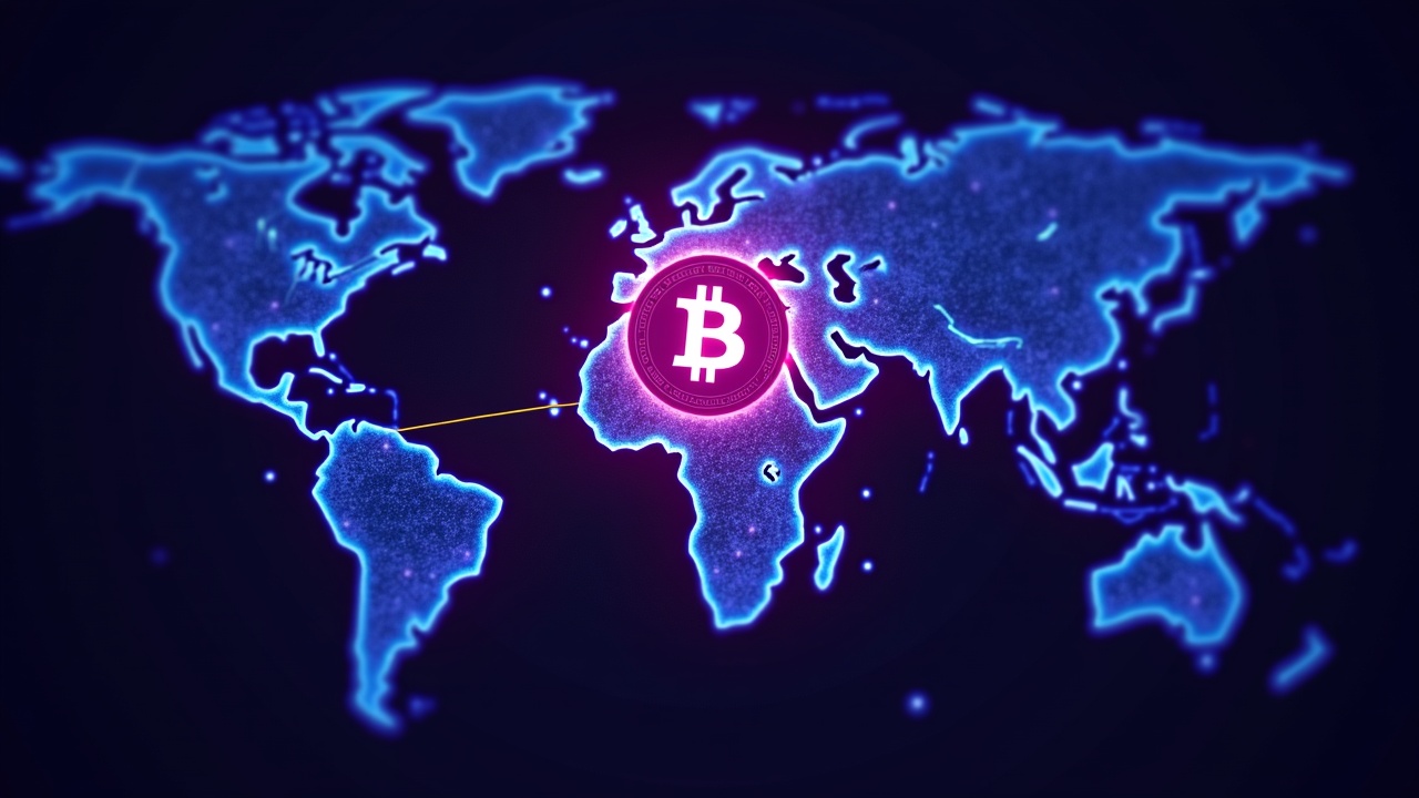 Neon Bitcoin logo connected to a world map by glowing data lines, with a law-enforcement badge in cyberpunk tones.