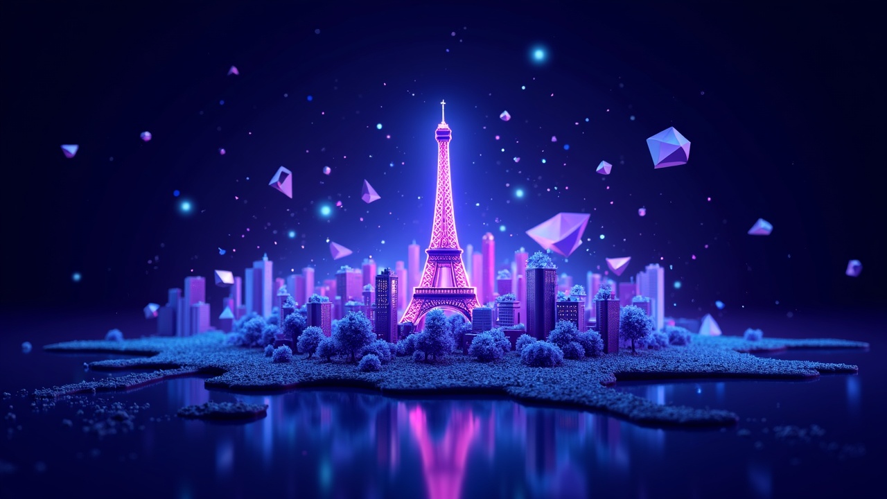 Shattered NFT Paris banner morphing into virtual land and gaming icons, glowing neon blue and purple.