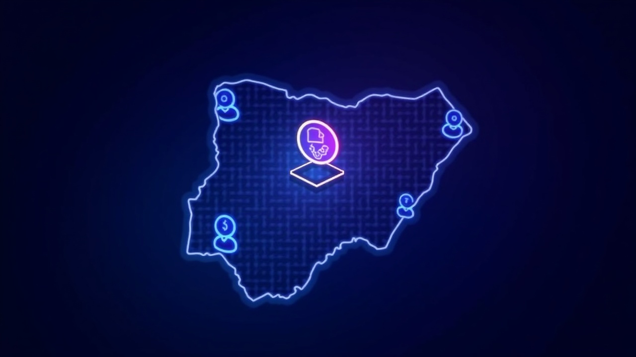 Neon crypto illustration with Nigeria map silhouette, glowing blockchain grid, and ID cards linked to a crypto coin.