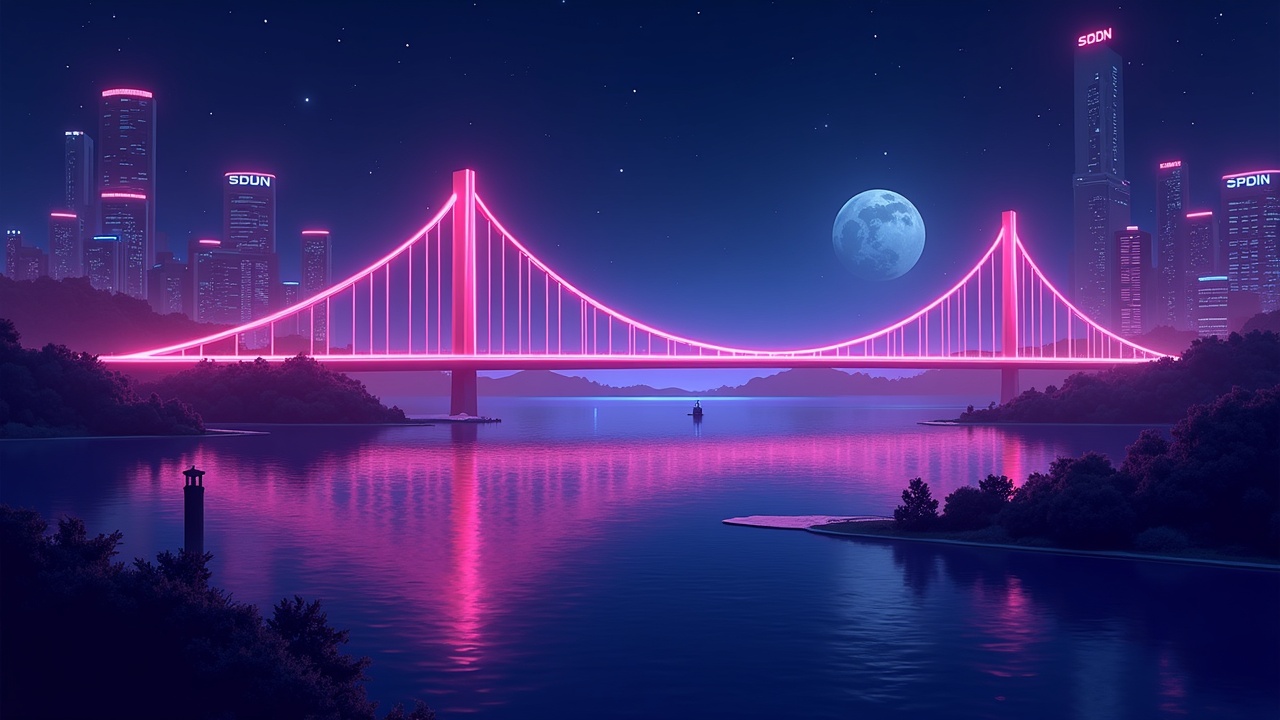 Neon-lit scene of Noble migrating from Cosmos to standalone EVM, with a glowing bridge and USDN symbols.