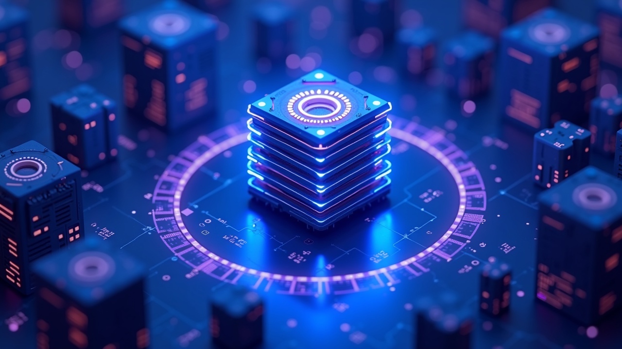 Hyperreal neon GPU rack tokenized as on-chain collateral with orbiting warehouse receipts.