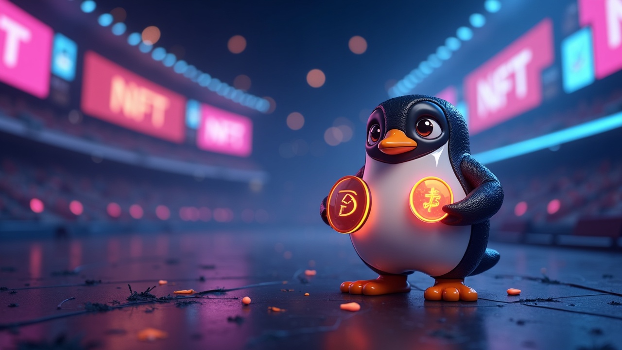 Pudgy Penguins mascot with a glowing PENG symbol before a neon, futuristic stadium with NFT banners