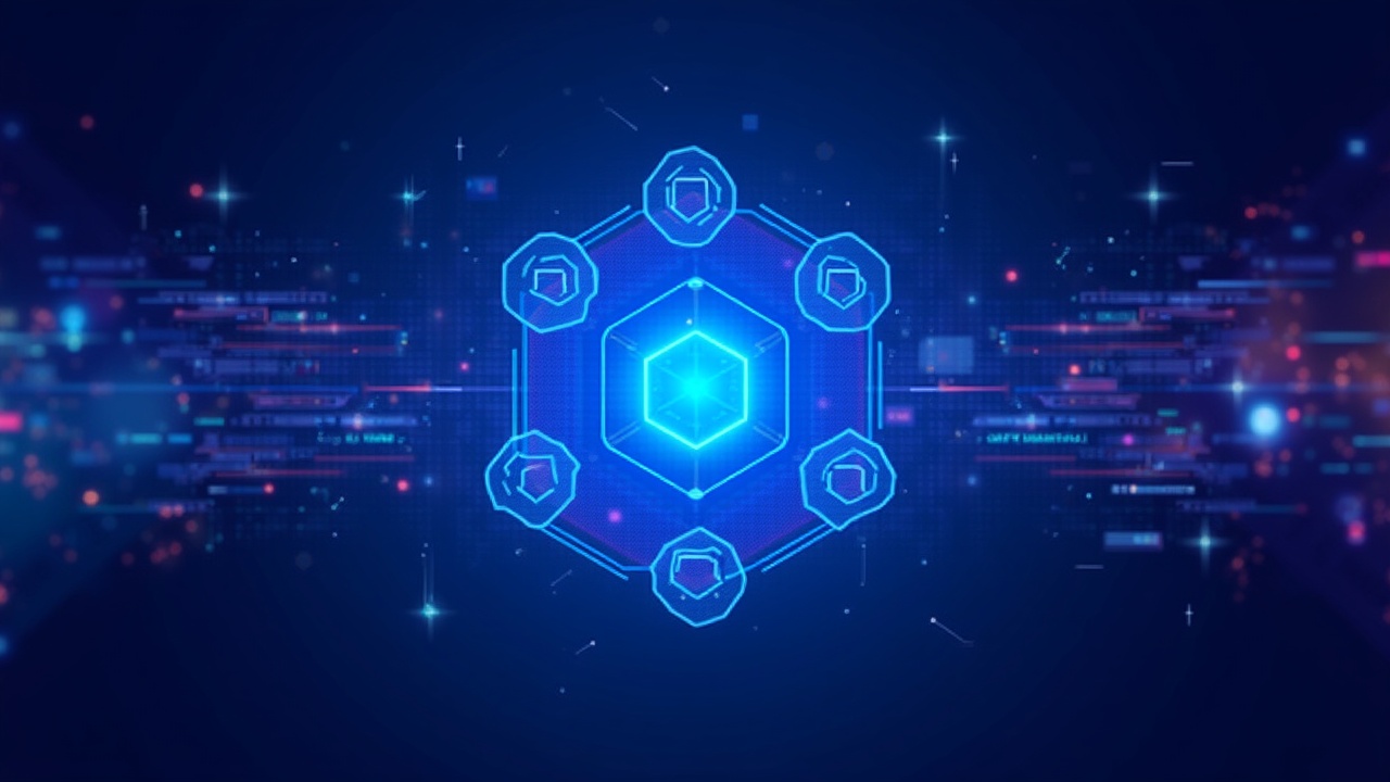 Neon illustration of a Polygon-style contract panel with rotating proxy addresses and a central cyber node.