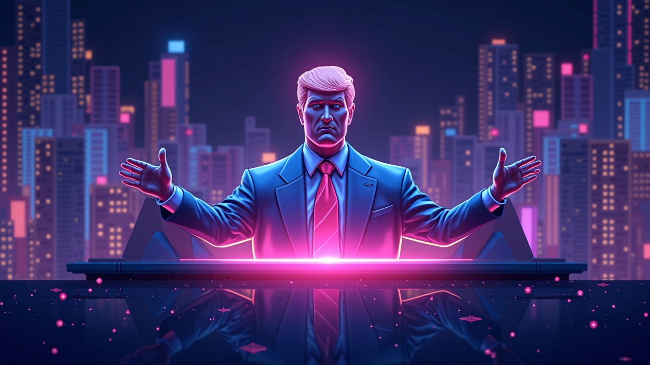 Neon crypto scene: executive urges lawmakers; barrier labeled CA, MD, NJ, WI; staking icons beyond.