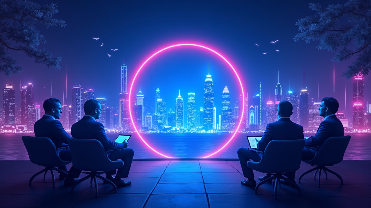 Central glowing Solana emblem with Hong Kong skyline, investors and regulators in discussion under blue-cyan-pink futuristic lighting.