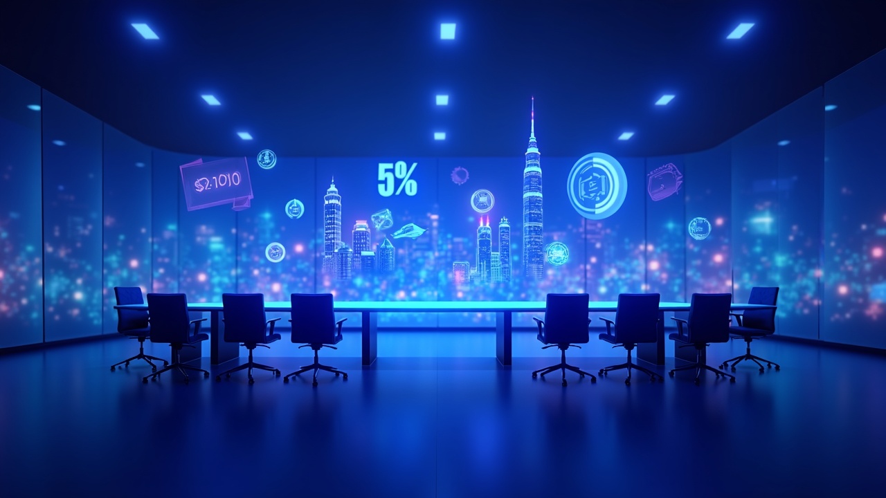 Neon-lit boardroom scene with floating crypto tokens above the Korean skyline, illustrating a 5% equity cap.