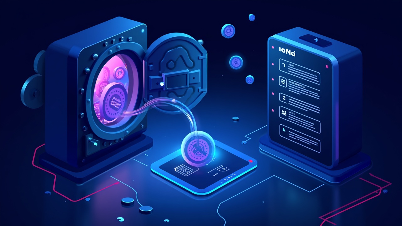 Neon-lit illustration of a secure digital vault channeling tokenized RWAs to a stablecoin ledger