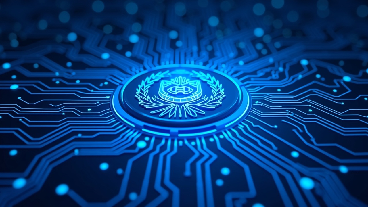 Neon-lit Turkmenistan data center with circuit patterns and a central bank shield, symbolizing regulated crypto mining.