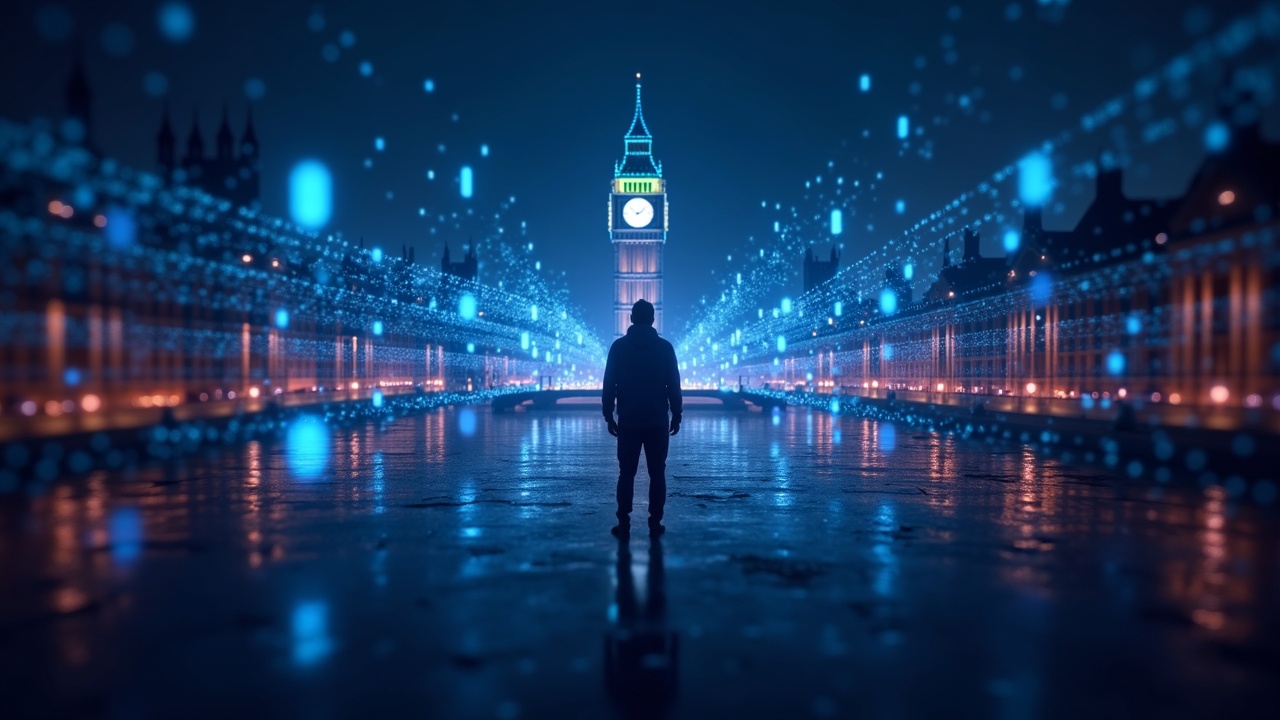 Neon-lit UK Parliament with holographic blockchain streams illustrating crypto donations' transparency vs opacity.