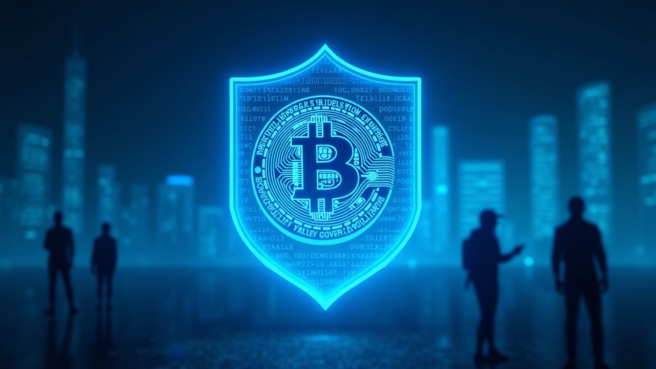 Neon crypto illustration with a central Bitcoin coin inside a translucent shield, cyan glow, and regulator silhouettes.