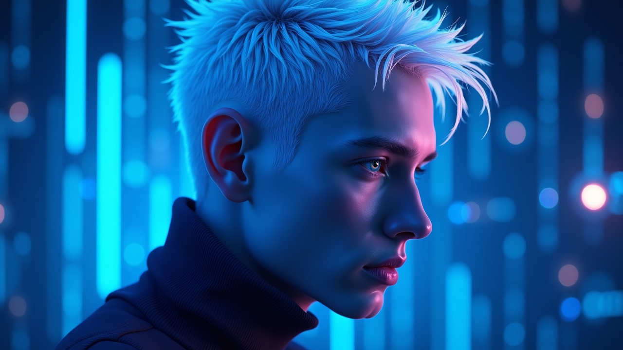 Stylized Vitalik Buterin portrait connected to a glowing decentralized network in neon blue, cyan, and pink.