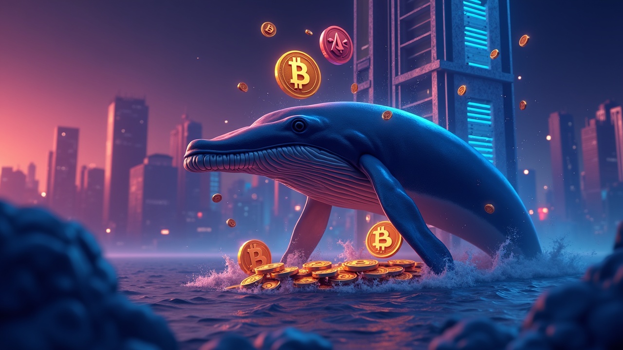 Neon crypto scene: whale deposits BTC and ETH into a Binance-inspired exchange tower amid faint sell arrows and sparse buyers
