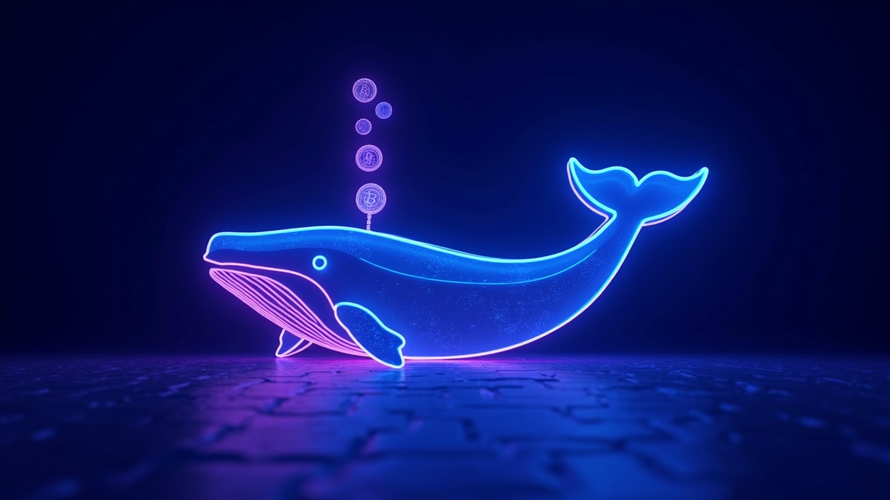 Neon whale silhouette of glowing coins flowing into a secure digital vault, reflecting whale activity amid Zcash turmoil