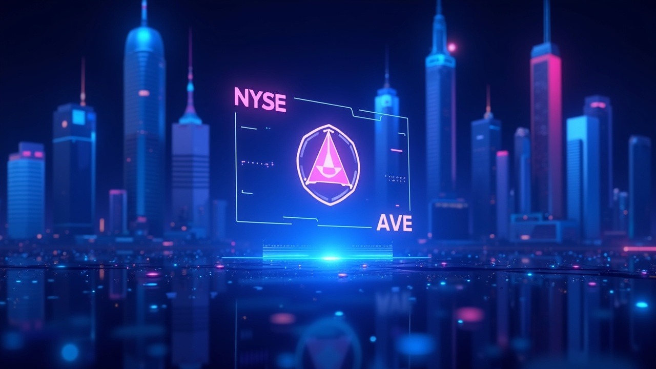 Neon cityscape with AAVE token glyph morphing into a NYSE Arca screen showing GAVE and Coinbase custody badge