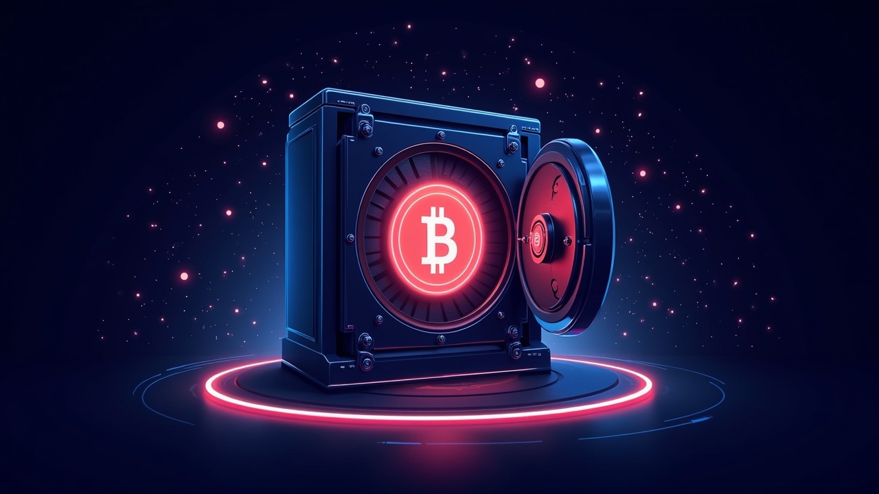 Neon-style state vault opens to a digital assets reserve with Bitcoin and crypto tokens orbiting a custody hub.