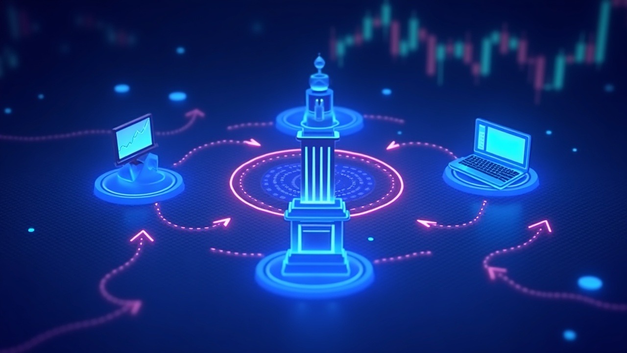 Neon crypto illustration of an institutional gateway with arrows rebalancing from exchange to a sleek platform, blue glow.