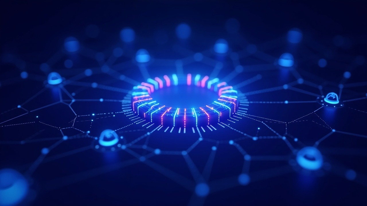 Neon illustration of Arkham Exchange morphing from a centralized platform into a decentralized network of glowing nodes.