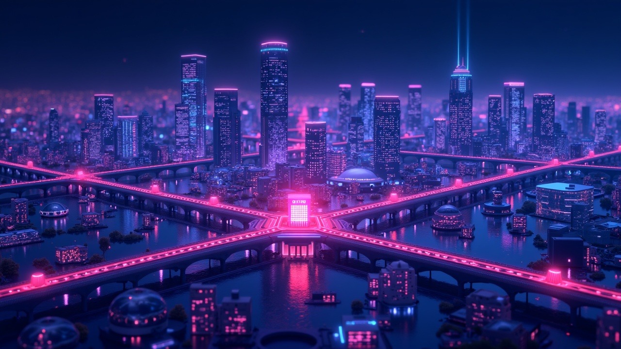 Neon-lit futuristic Australian city with blockchain nodes linking to a bank, symbolizing regulated crypto progress.