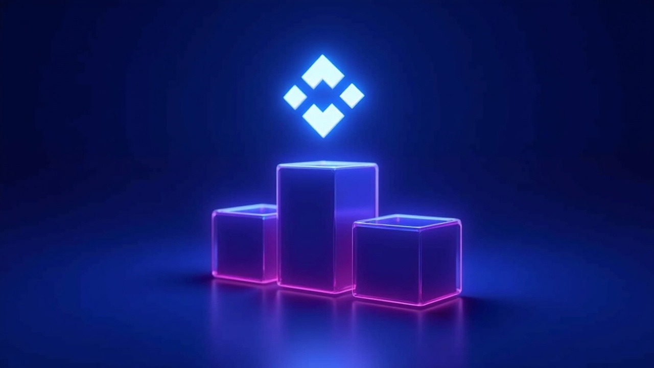 Neon Binance logo above shrinking stablecoin bars with blue and purple glow, signaling liquidity squeeze.