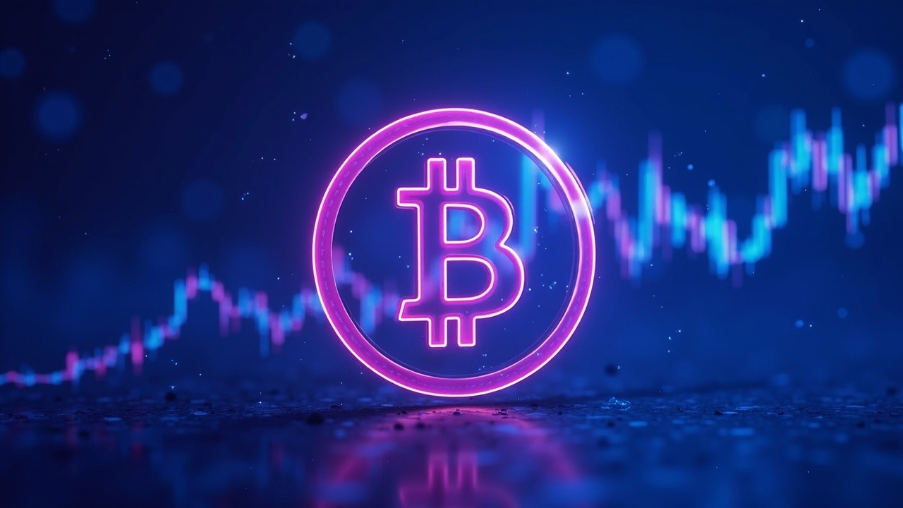 Neon crypto illustration with Bitcoin at center, cyan-purple glow, signaling a surge toward $70,000 and Coinbase spike.