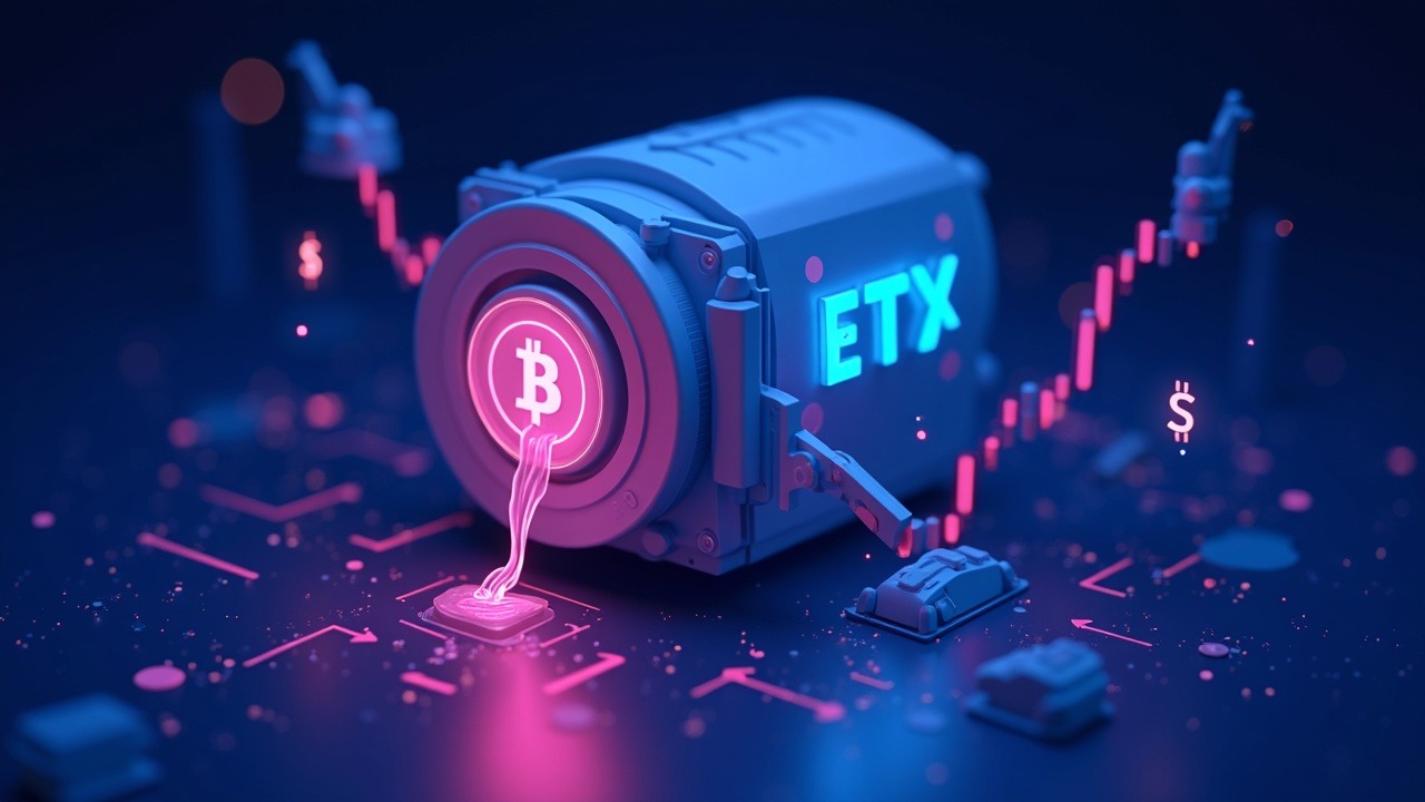Neon illustration of a Bitcoin ETF vault draining with red arrows, symbolizing ETF outflows.