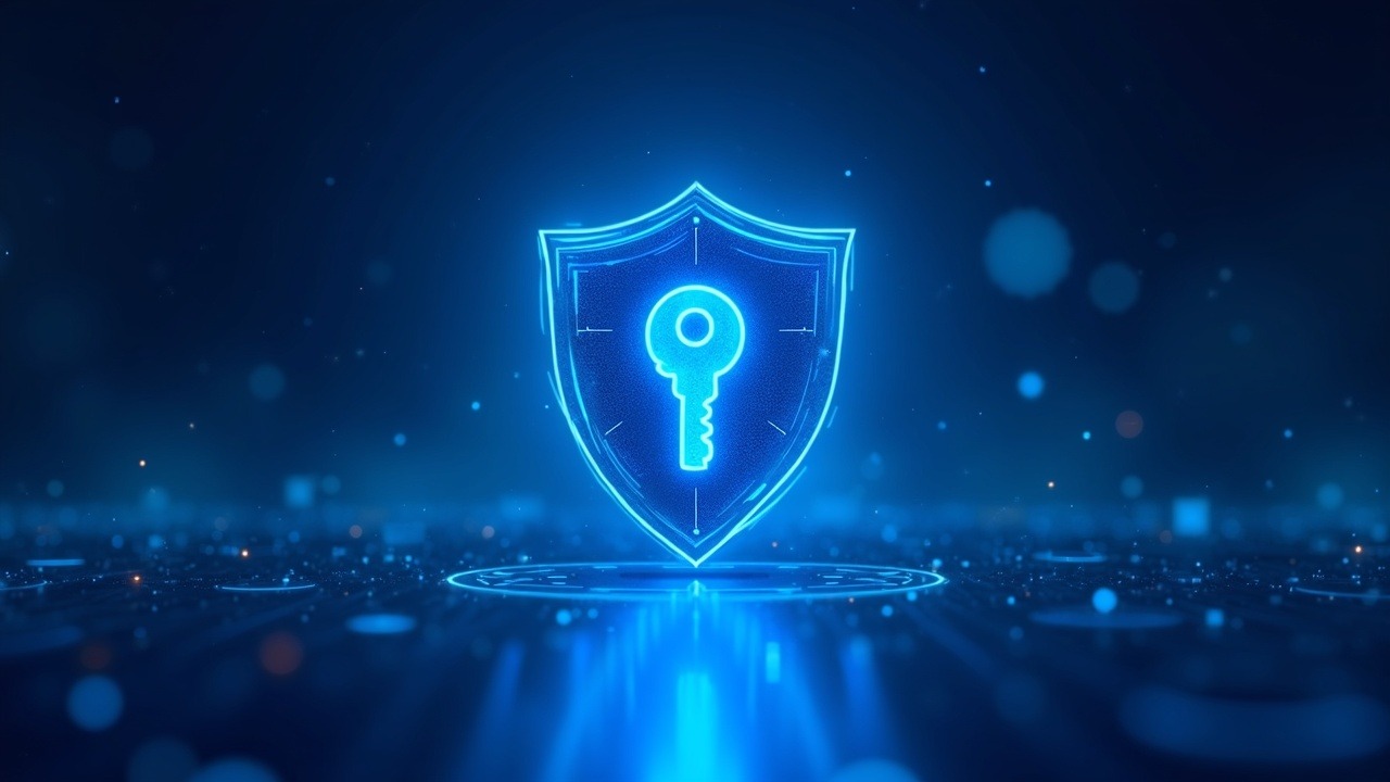 Neon illustration of a quantum computer behind a glowing shield guarding a cluster of digital keys.