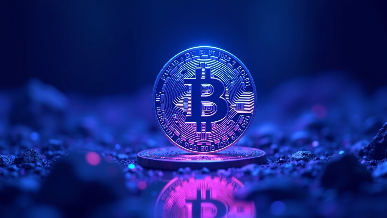 Neon Bitcoin artwork with blue and purple glow and a falling chart under 65k, signaling tariff shock and market sensitivity.