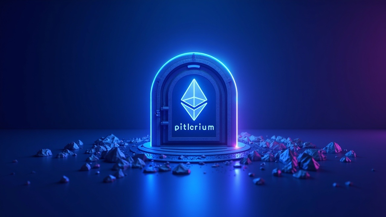 Neon crypto header showing a futuristic Ethereum treasury vault, sinking chart and unrealized loss, BitMine branding.