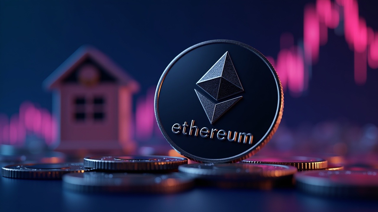 Neon Ethereum coin stack beside a treasury and fluctuating price chart, with digital glow to convey conviction and risk.