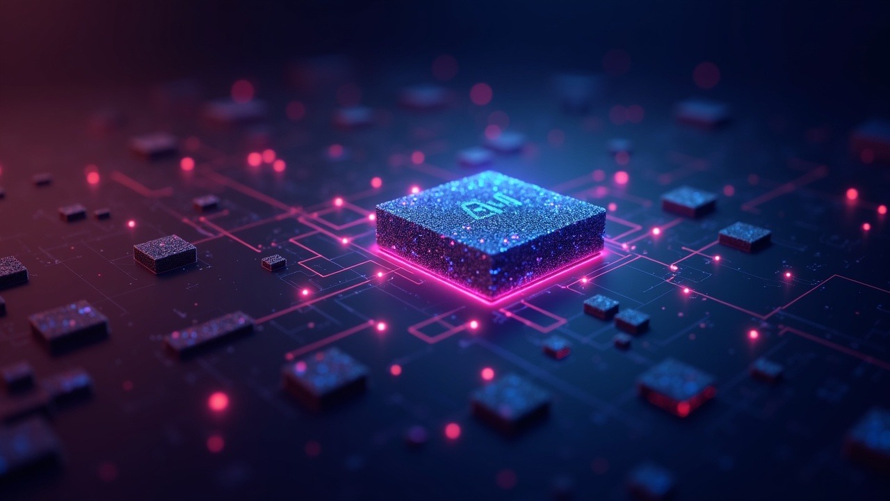 Hyperreal neon scene shows Block's AI-driven restructuring with agile teams, glowing networks, and rising stock charts.