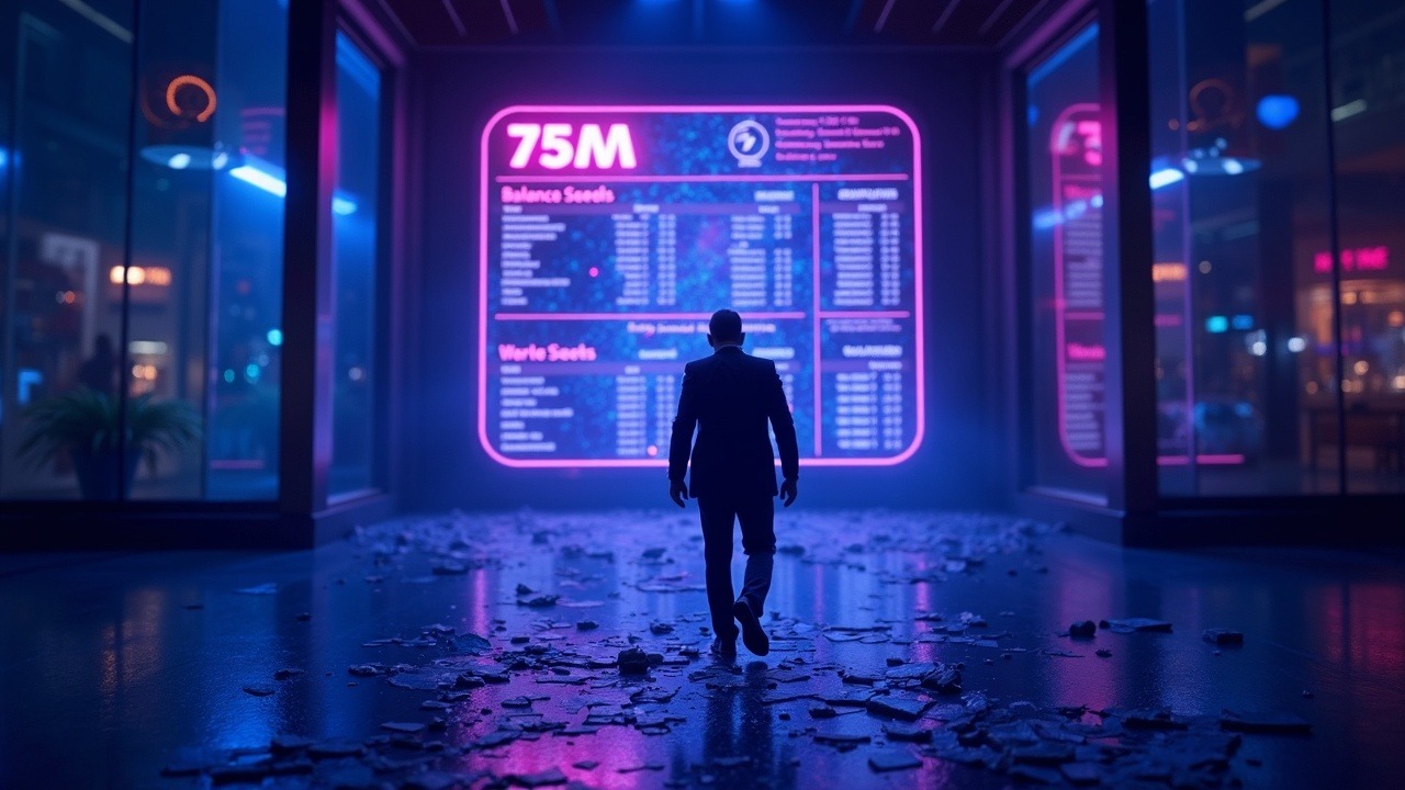 Neon-lit crypto lending exchange facade with a figure stepping away from a shattered balance sheet and $75M loss.