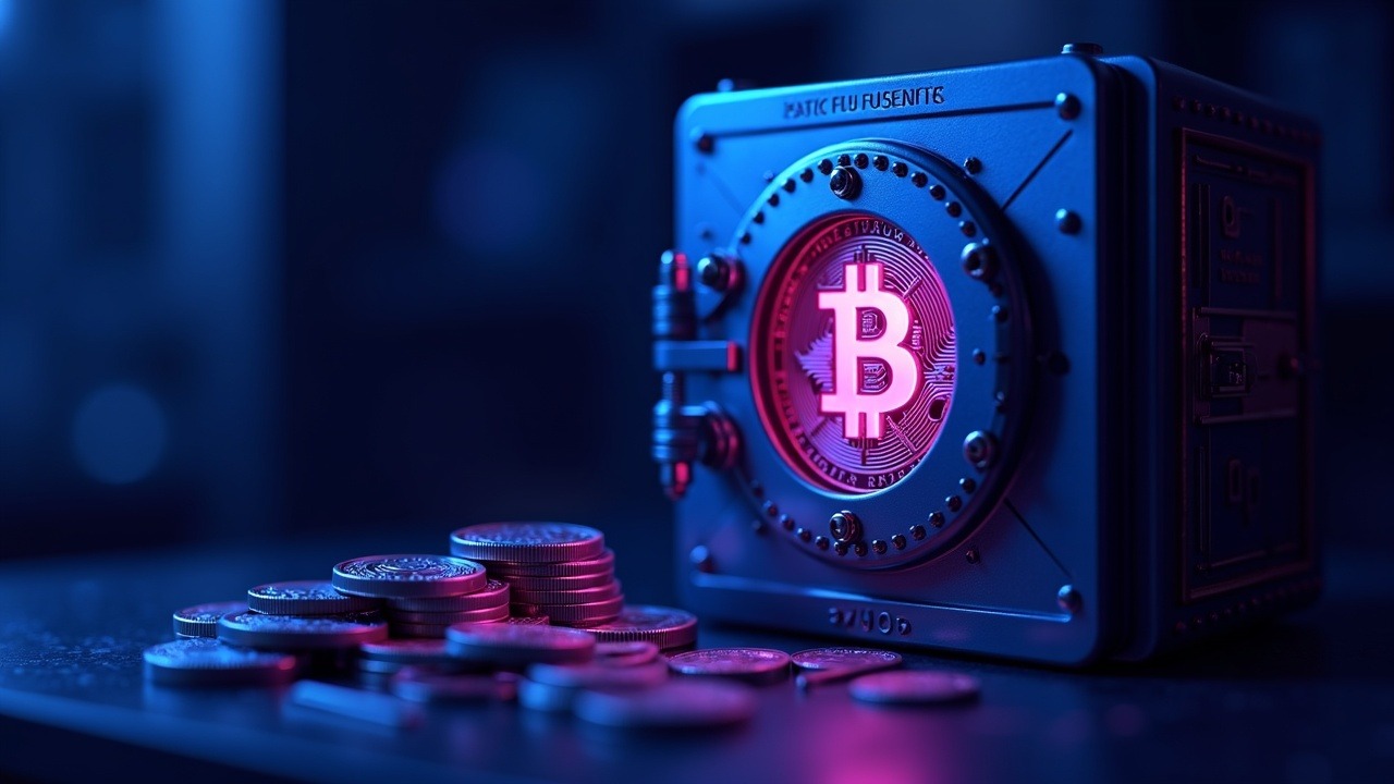 Neon-lit BTC vault expanding SAFU reserves with central coins and blue-pink glow.