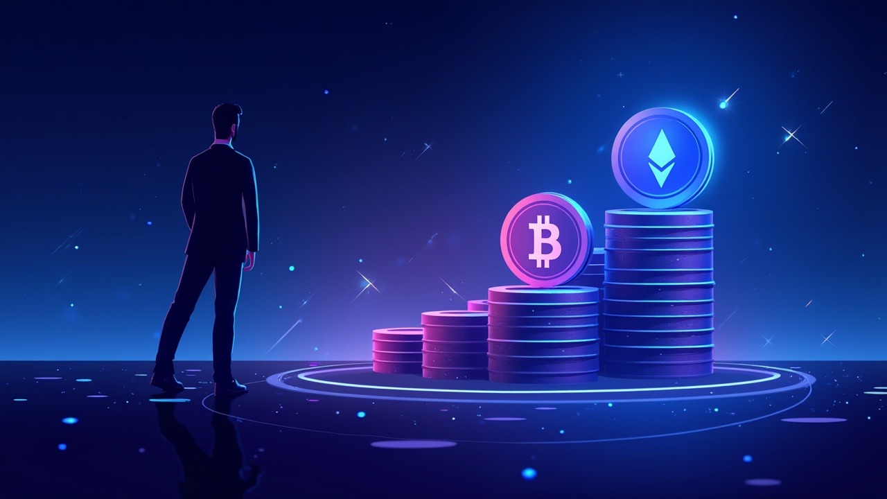 Neon crypto header with BTC and ETH rising from a dip, a confident investor silhouette guiding a futuristic digital market.