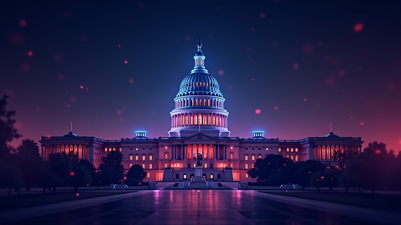 Neon Capitol silhouette overlaid with blockchain nodes and digital coins, illustrating crypto regulation debate.