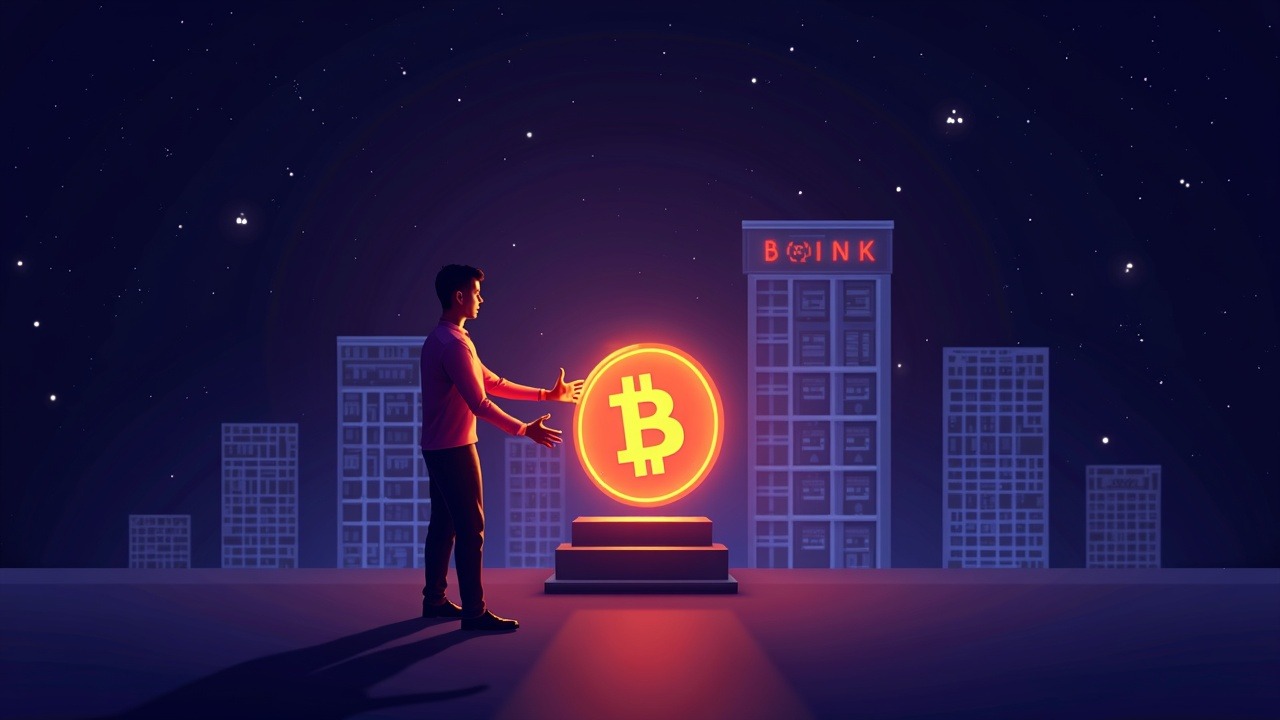Neon-lit illustration of a regulator shaping a glowing stablecoin with bank towers in the background.