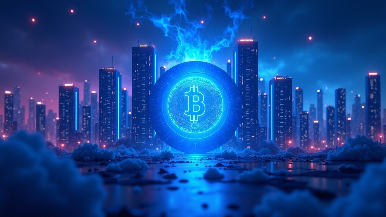 Neon-lit crypto scene stabilized by institutional capital amid a macro squall, central vault, futuristic skyline.