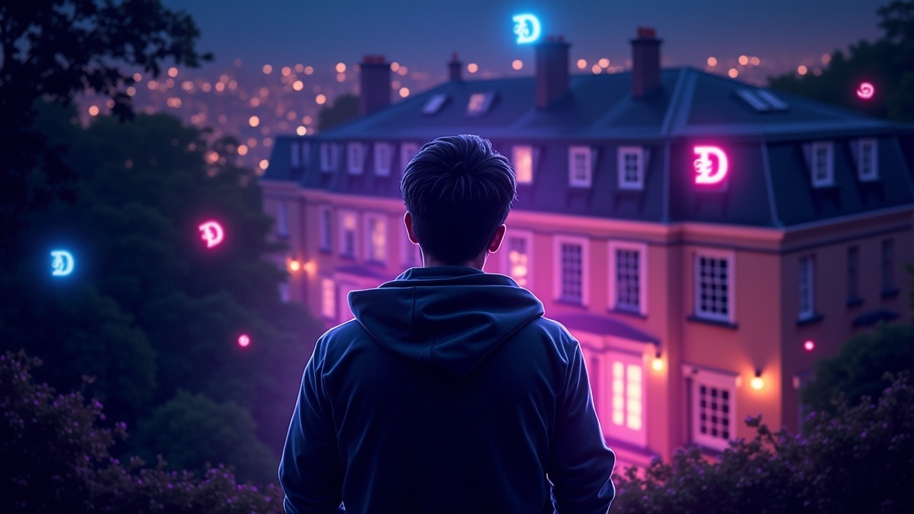 Silhouette of a crypto founder overlooking a neon-lit Notting Hill mansion with holographic DeFi tokens flowing toward the estate.