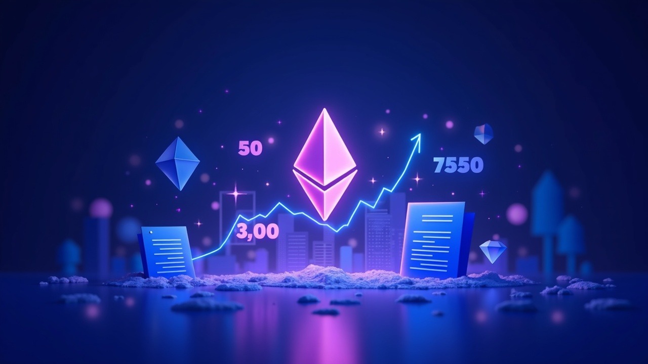 Neon hyperreal scene: ETH shard rises above a glowing price chart toward 2500, with digital docs and tokenized assets.