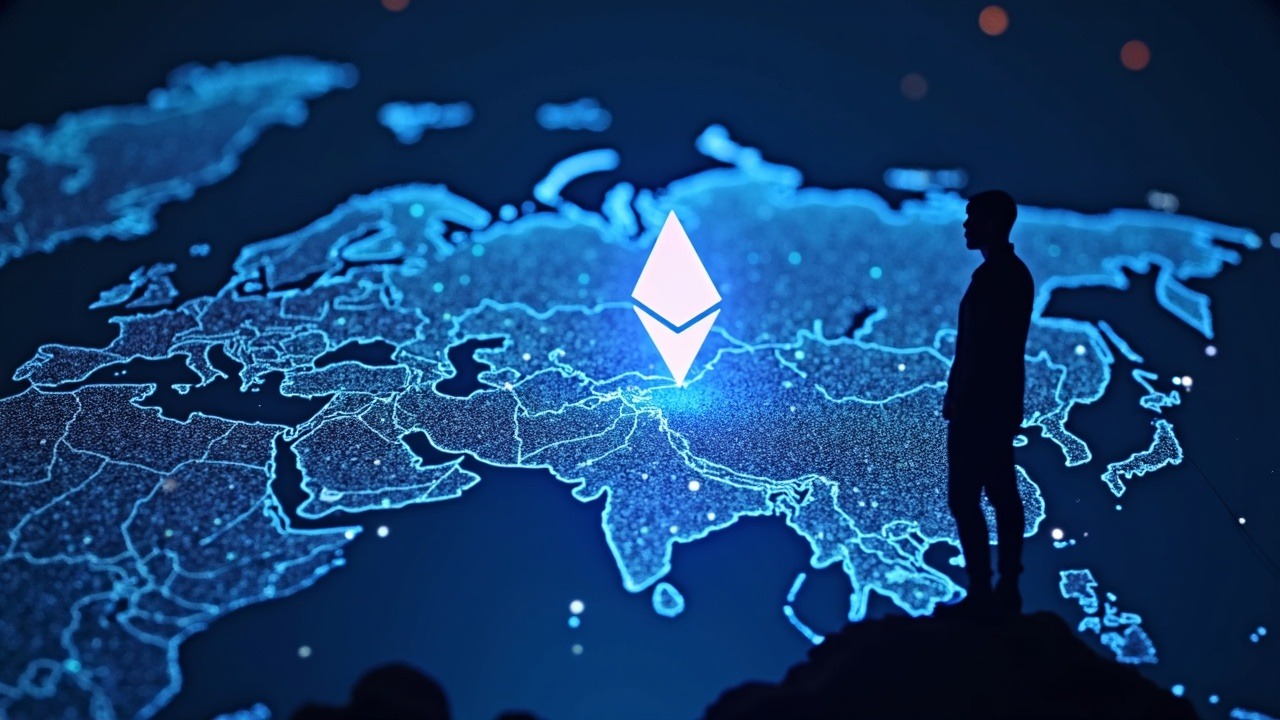 Stylized silhouette with Ethereum logo guiding a holographic Russia-Ukraine governance map and decentralized voting interface