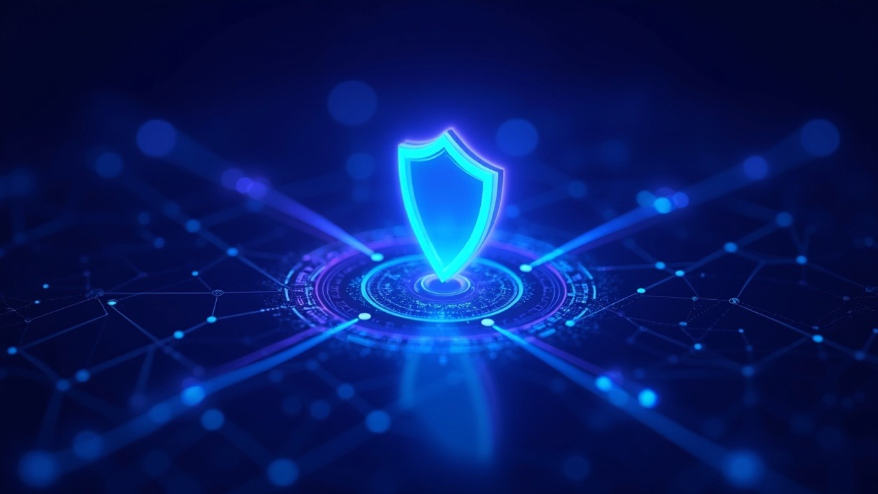 Neon-lit digital shield overlaying a blockchain network with a holographic dashboard, glowing blue-cyan-purple, techno-security illustration.
