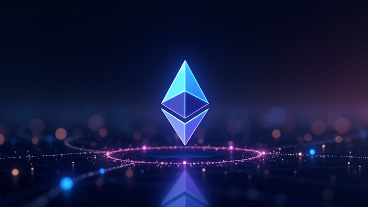 Neon Ethereum logo over a futuristic backdrop with a four-year roadmap from 12s to 2s and post-quantum symbols.