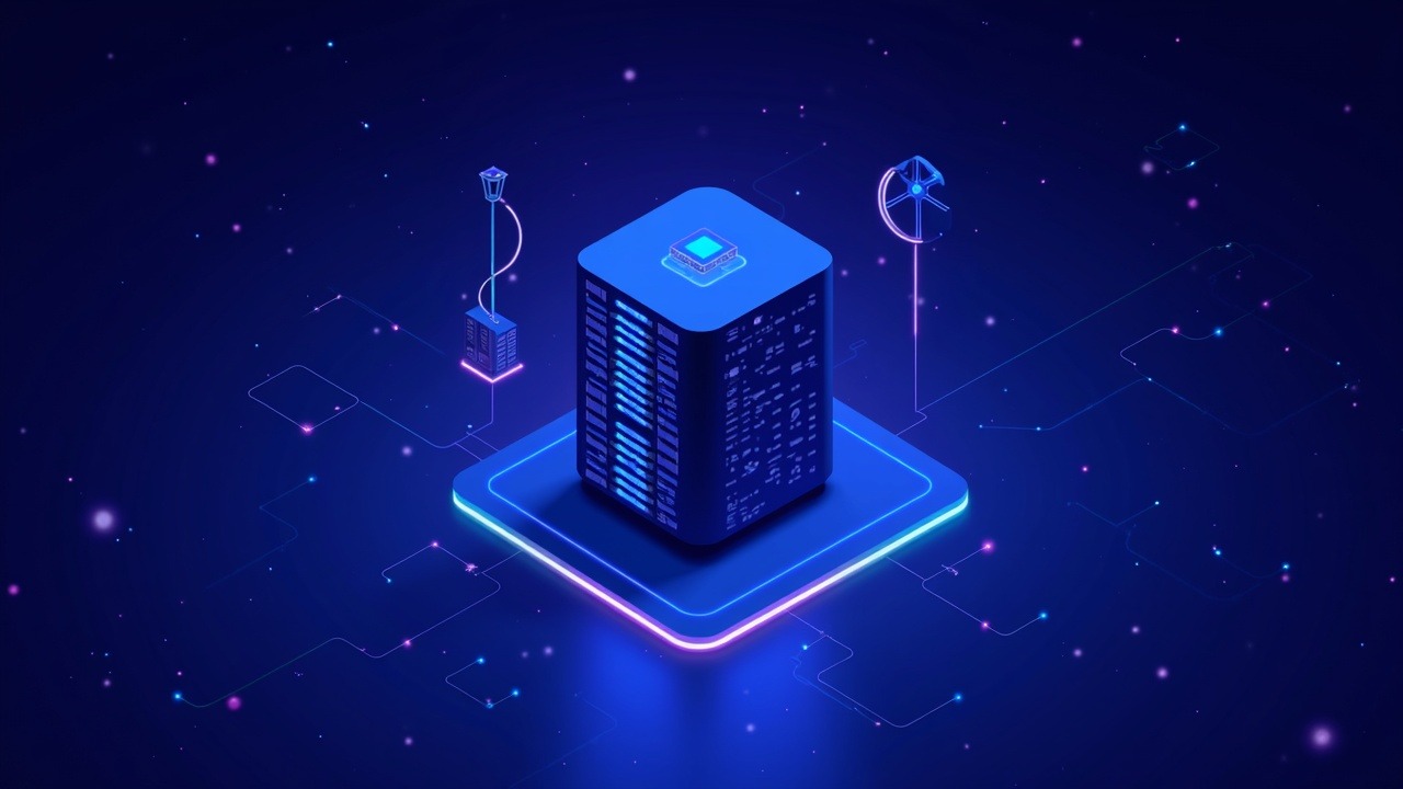 Neon-lit French data center connected to a crypto mining rig, symbolizing sovereignty and regulated infrastructure