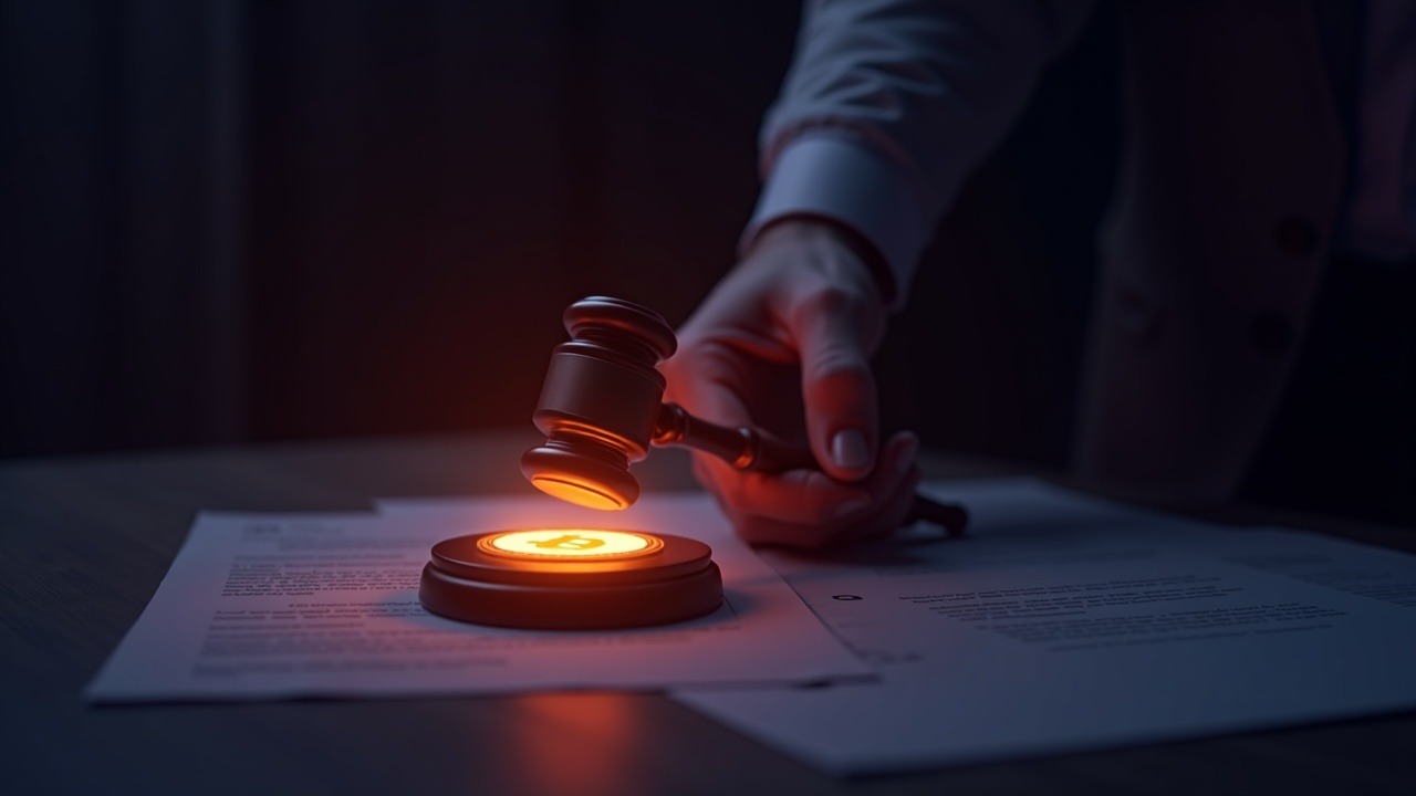 Neon-lit gavel striking a glowing crypto coin atop a confidential contract in a blurred courtroom backdrop.