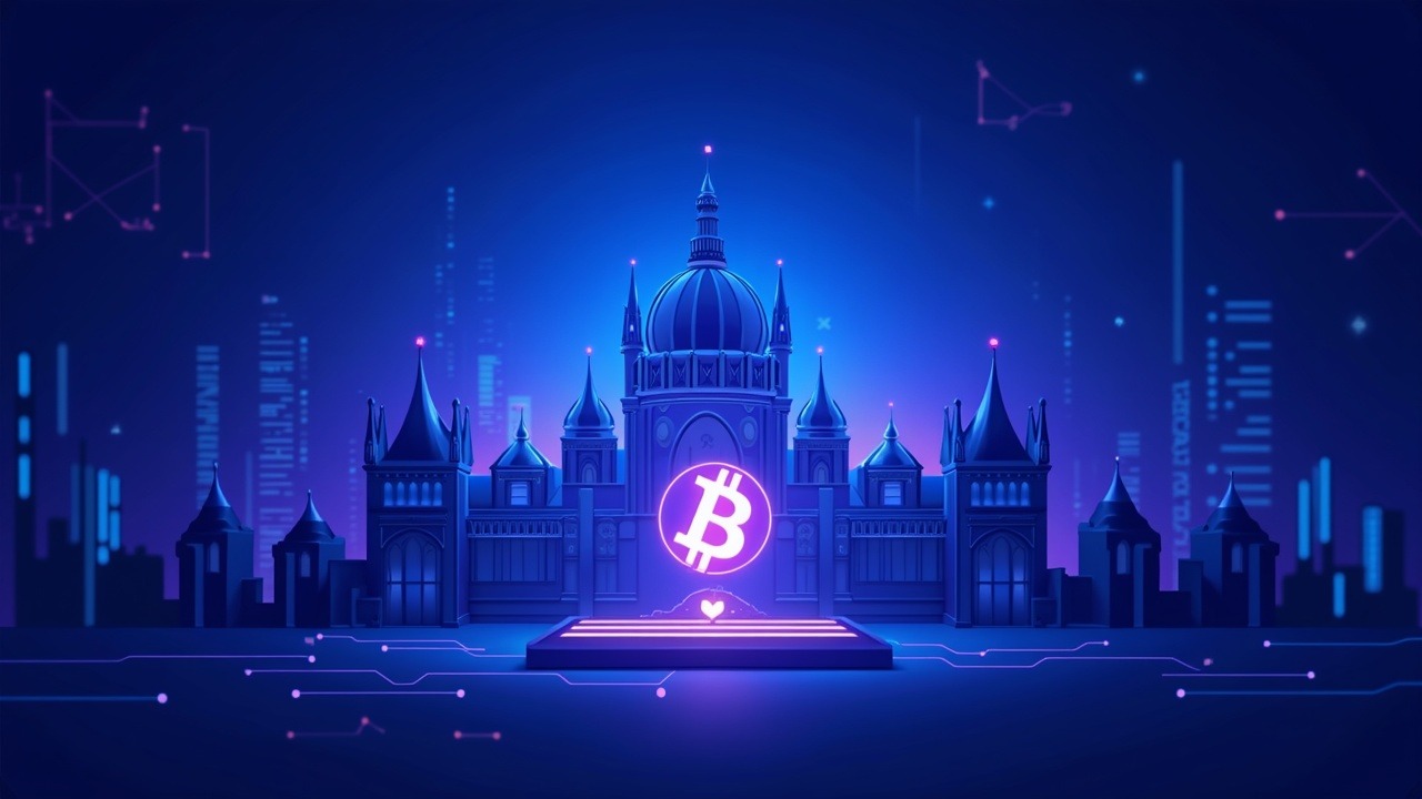 Neon Bitcoin ledger with a ghost transfer; Parliament silhouettes in the background.