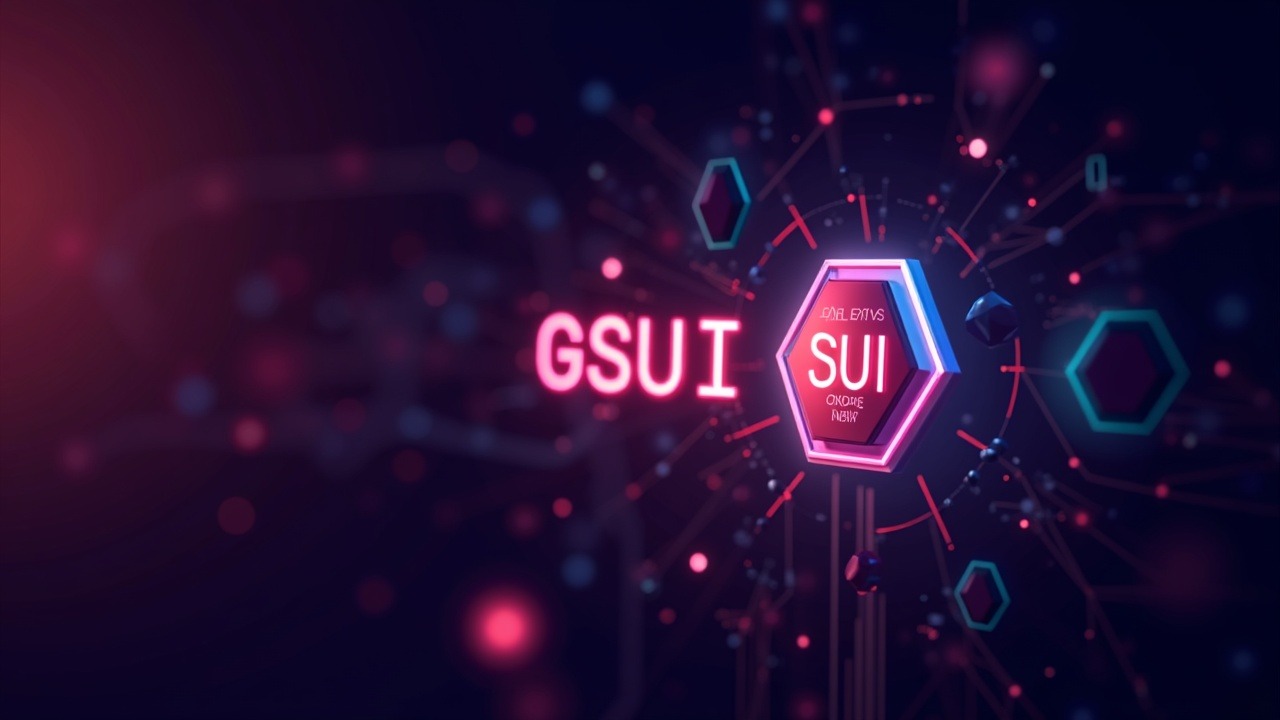 Neon crypto illustration showing GSUI ticker beside a glowing SUI node, with staking rewards flowing into NAV.