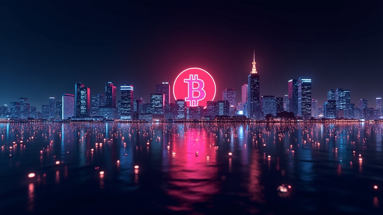 Neon cityscape with Bank of Japan fading into a glowing Bitcoin logo, yen signs and datastreams symbolizing debt-to-liquidity