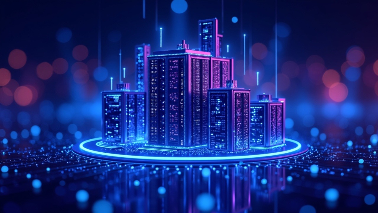 Neon-lit Marathon mining facility repurposed as an AI data center with BTC price glow and blue-purple cyber cores.