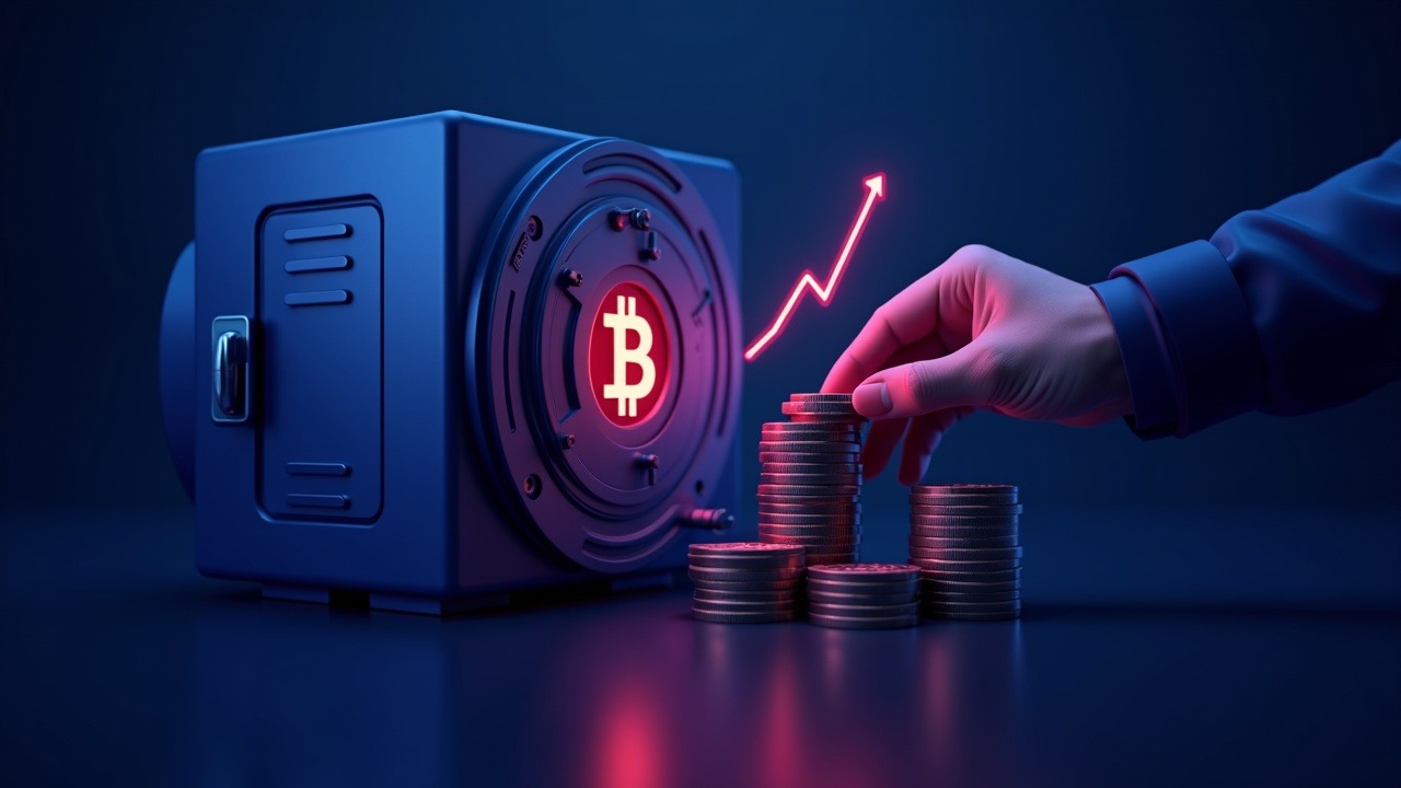 Neon Bitcoin vault with rising chart and a hand stacking BTC, illustrating a Bitcoin-first treasury strategy.