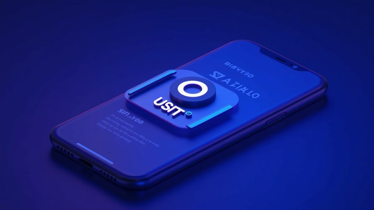 Hyperrealistic smartphone wallet displaying USDT and bridged XAUt0 with neon blue glow.